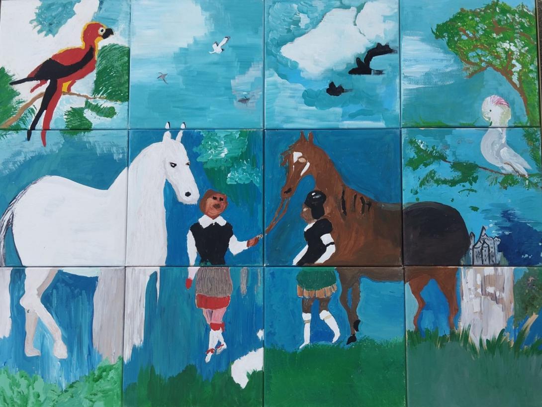 Herschildering van Twee paarden en palfreniers
